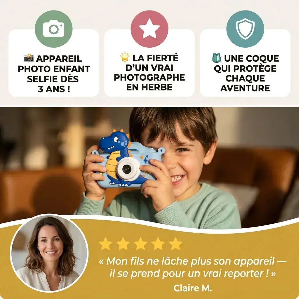 Appareil Photo Enfant Selfie – Double Objectif HD – Dinosaure