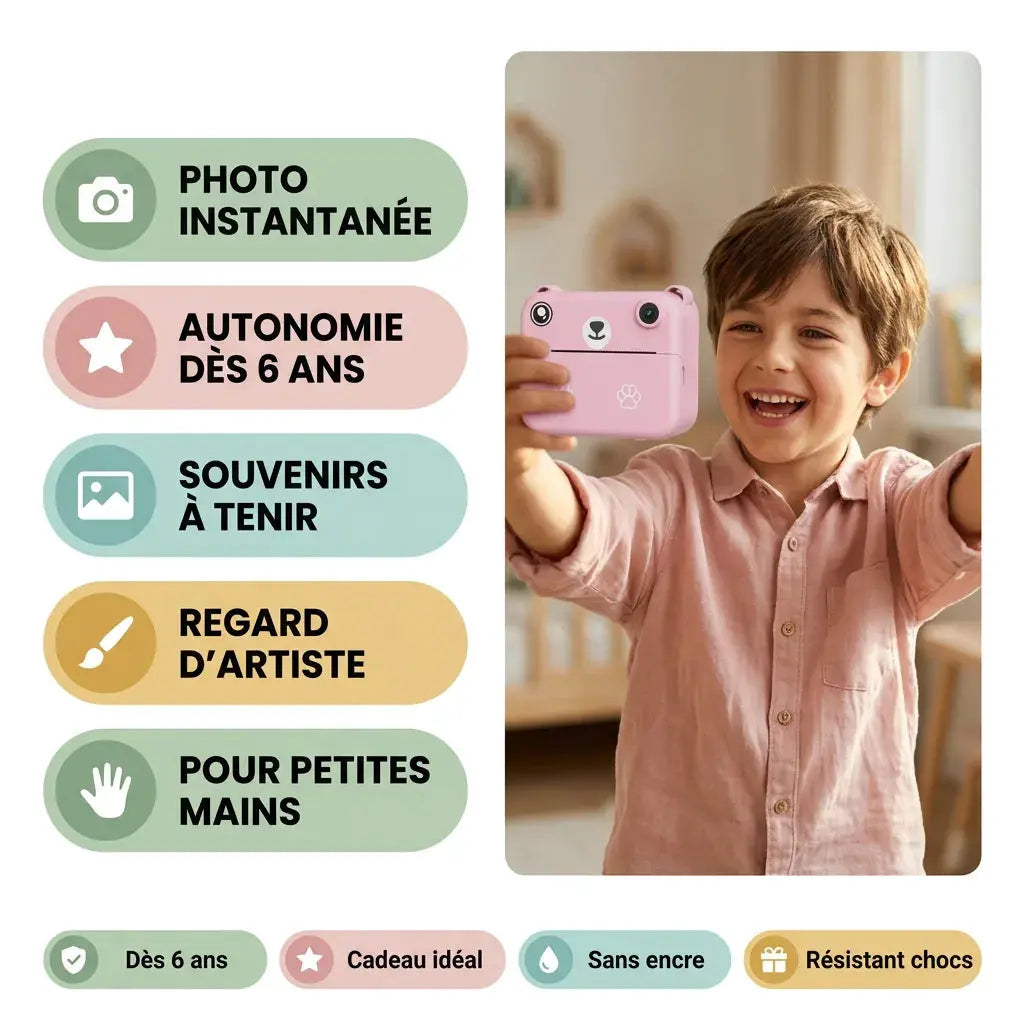 Appareil Photo Enfant Instantané – Impression Thermique – Objectif 180°