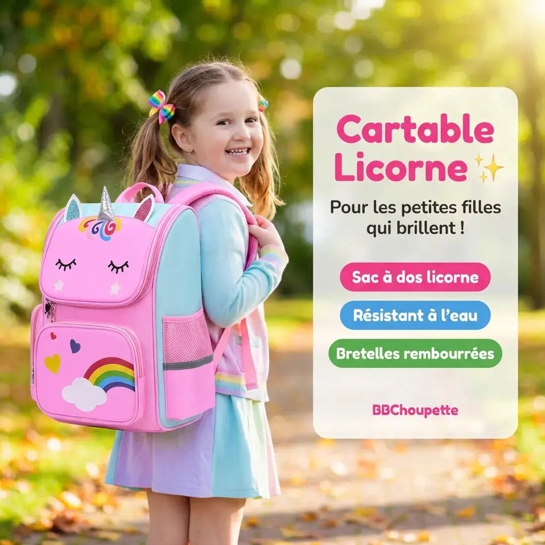 Cartable Licorne Fille Primaire – Sac à Dos Arc-en-Ciel Imperméable