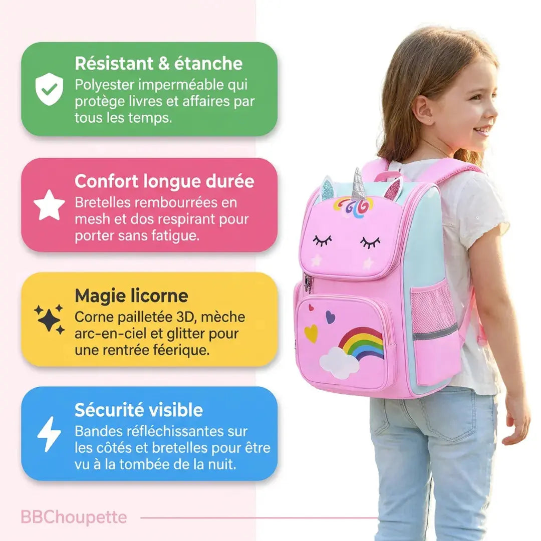 Cartable Licorne Fille Primaire – Sac à Dos Arc-en-Ciel Imperméable