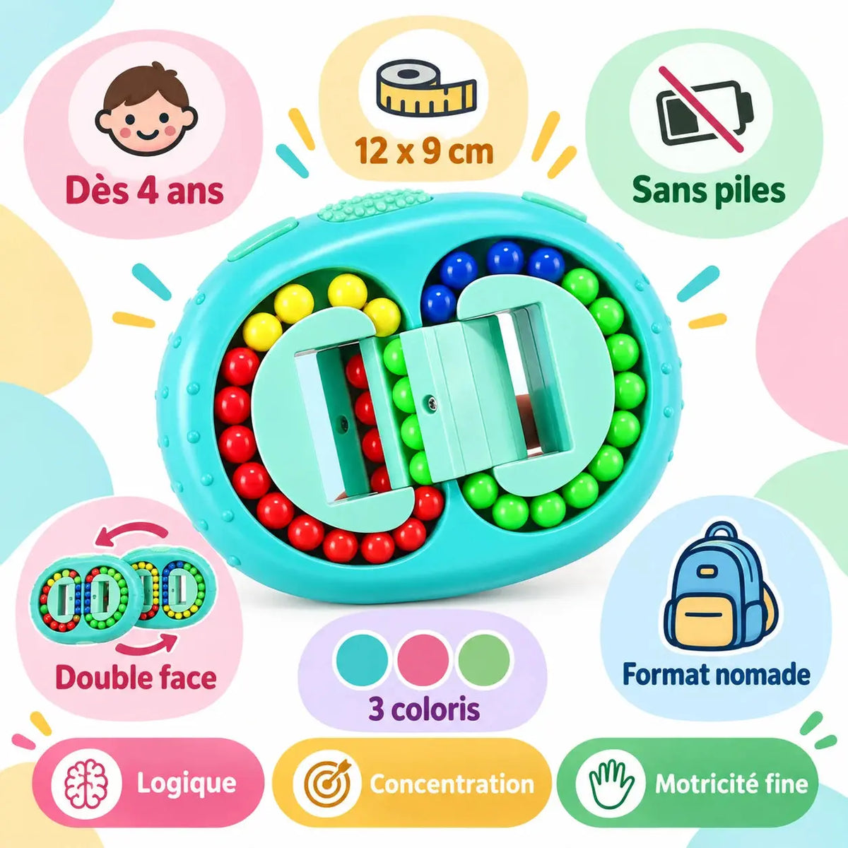 Casse-Tête de Poche à Billes 4 Couleurs – Jeu de Logique Double Face pour Enfant