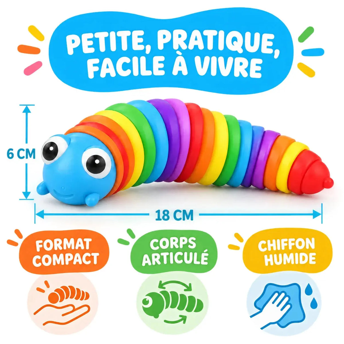 Chenille Sensorielle Arc-en-Ciel - Jouet Anti-Stress Articulé pour Enfant