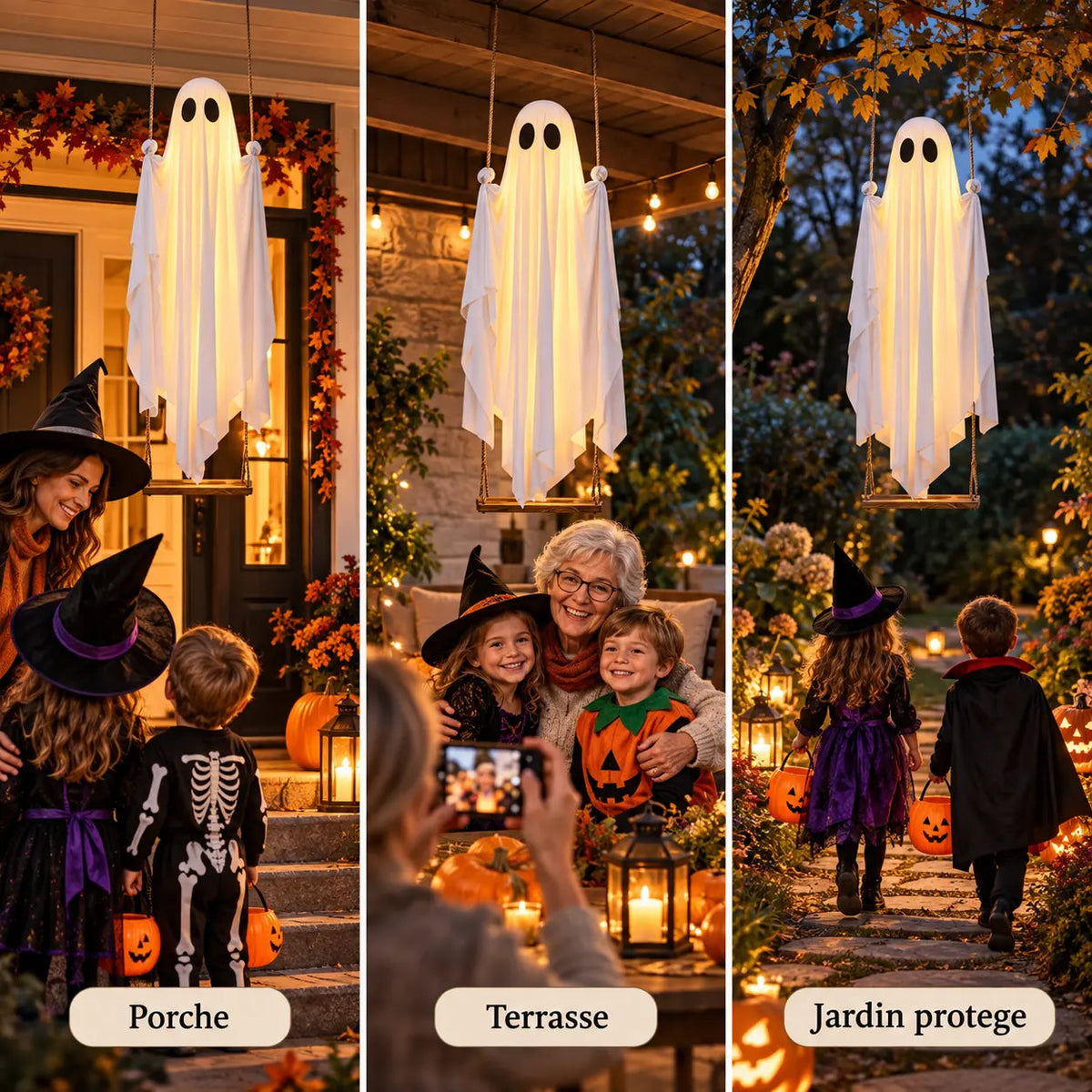 Déco Halloween Extérieur – Fantôme Suspendu Lumineux sur Balançoire