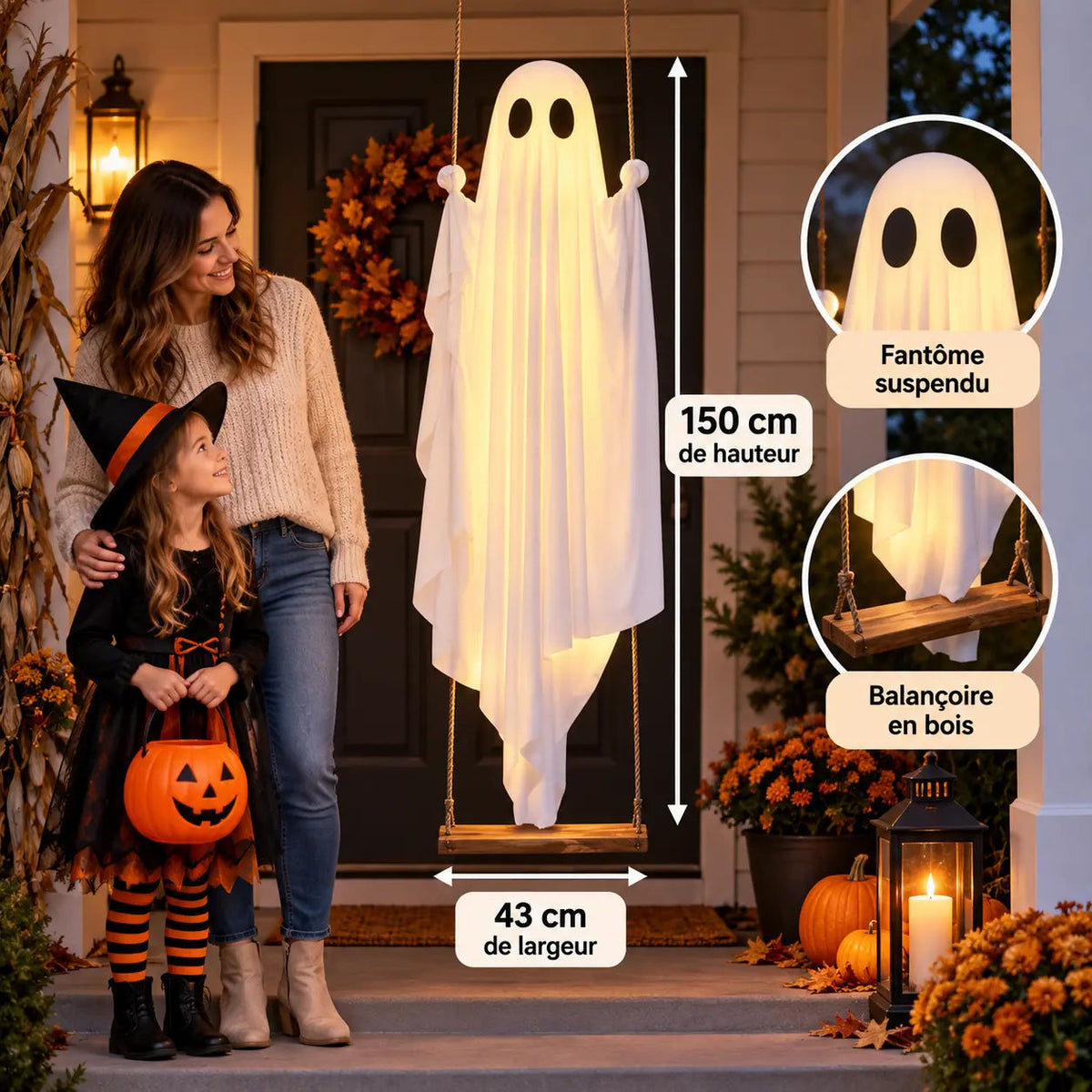 Déco Halloween Extérieur – Fantôme Suspendu Lumineux sur Balançoire
