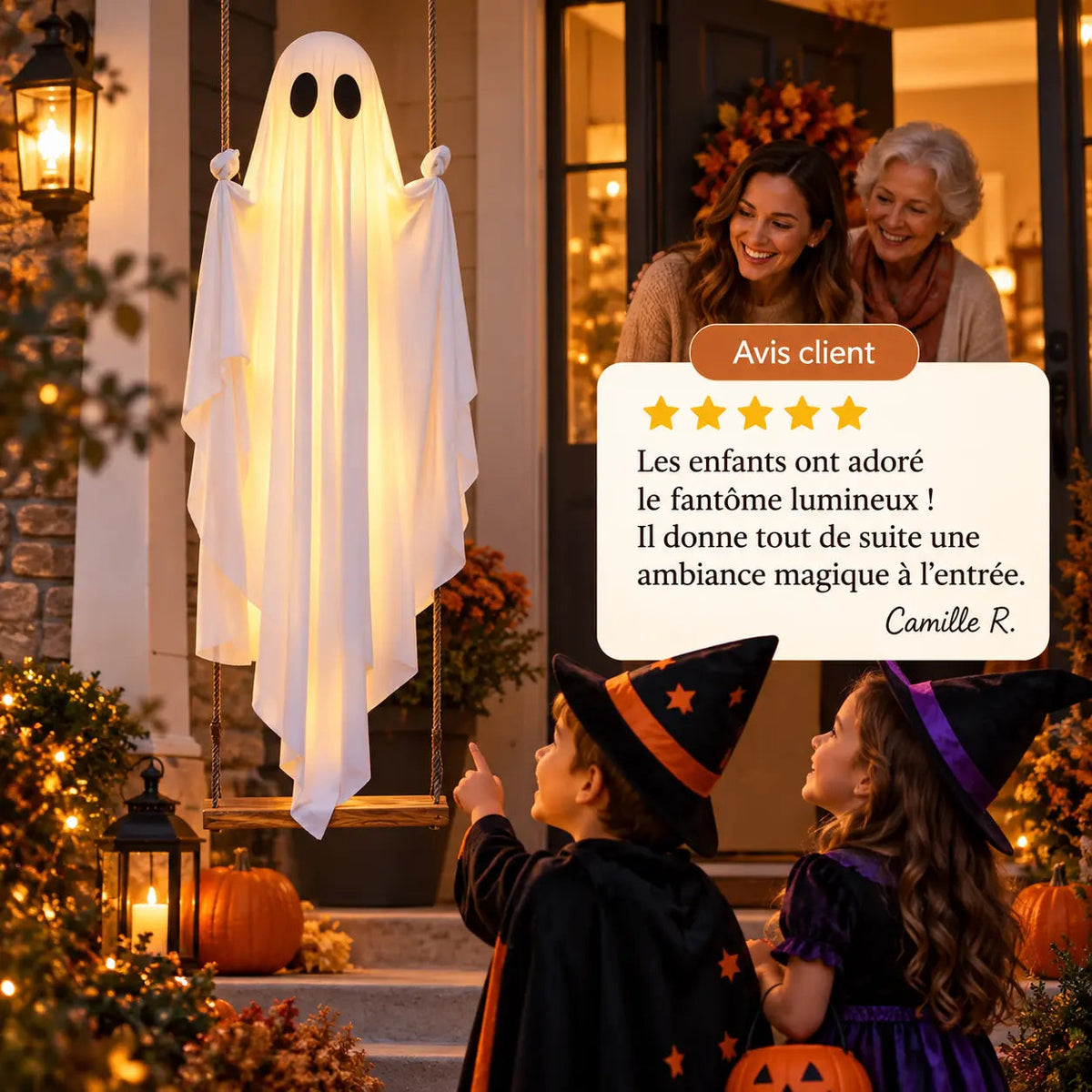 Déco Halloween Extérieur – Fantôme Suspendu Lumineux sur Balançoire