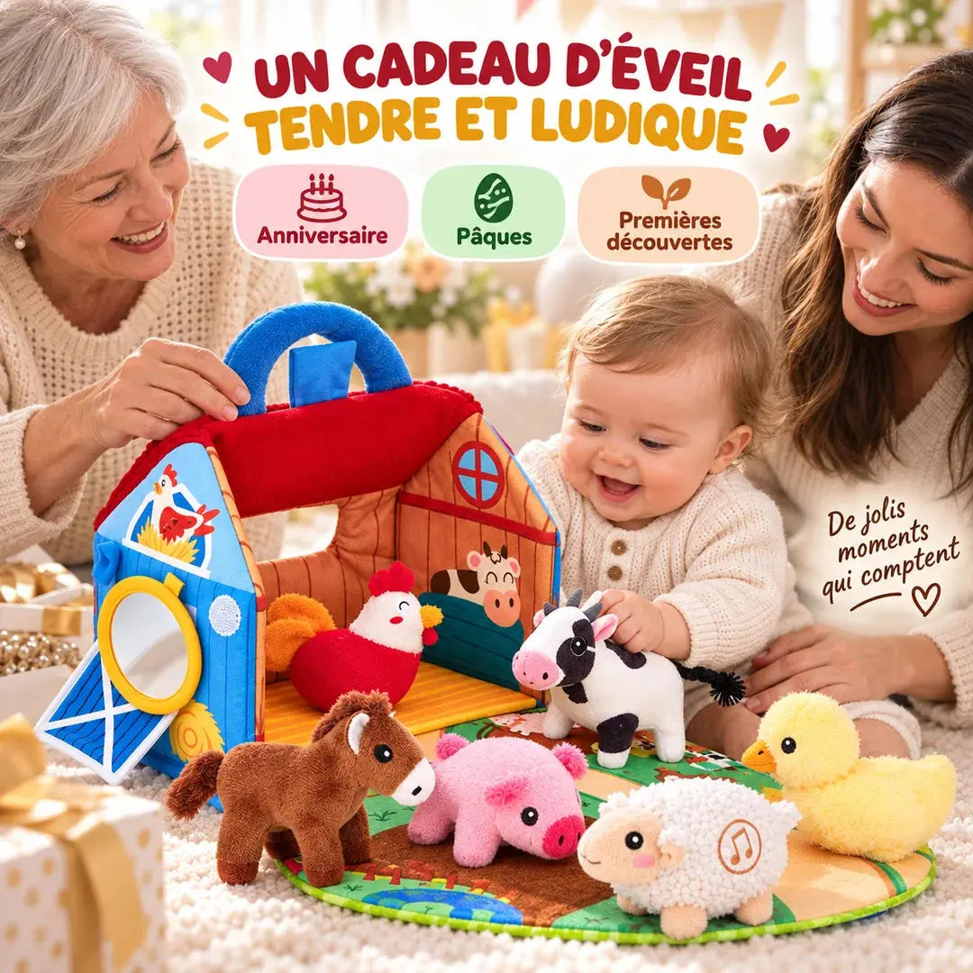 Ferme Sensorielle en Peluche avec Animaux Sonores - Dès 6 Mois