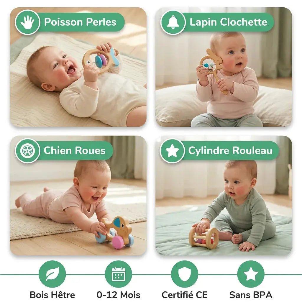 Hochets Montessori Bébé Bois & Silicone – Kit Éveil
