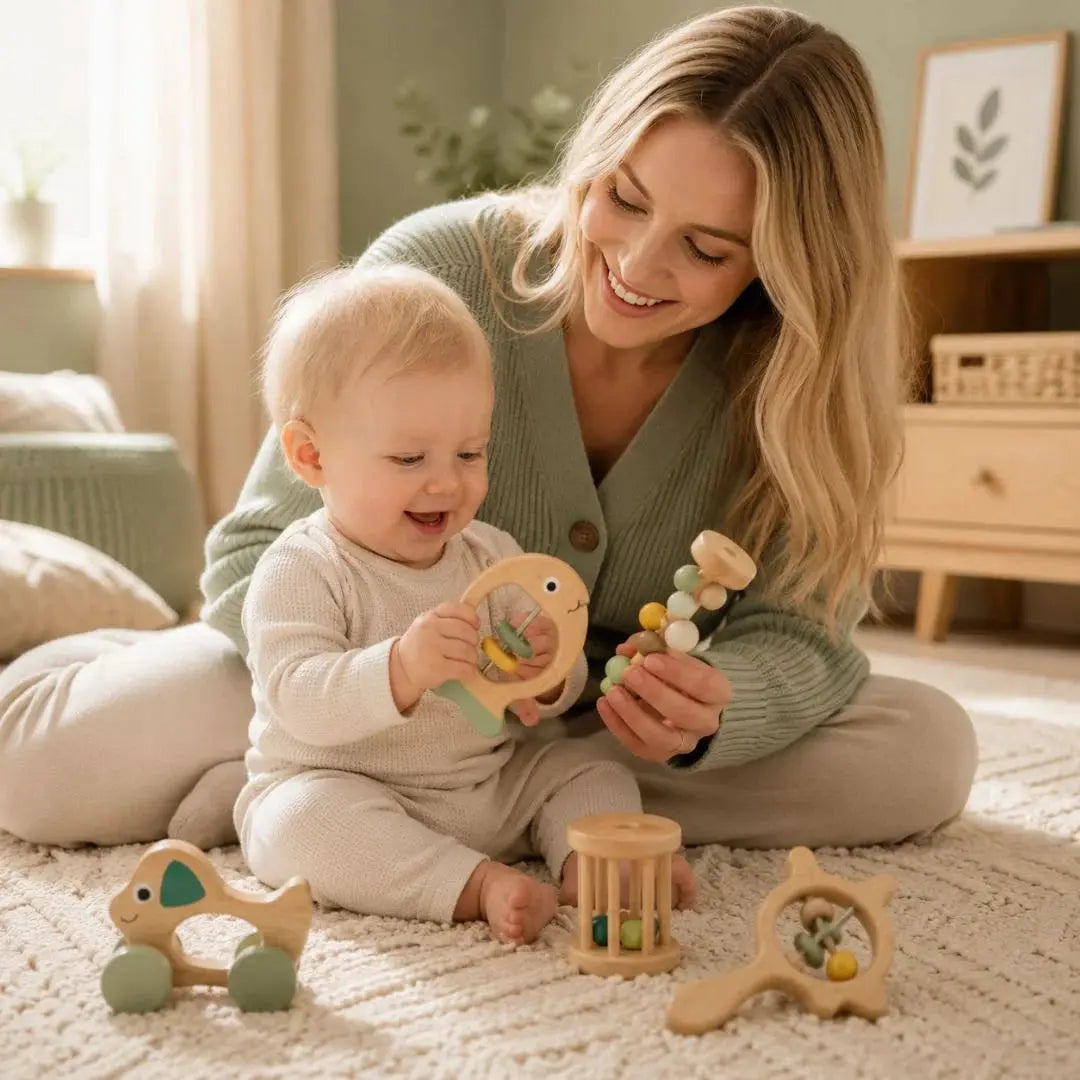 Hochets Montessori Bébé Bois & Silicone – Kit Éveil