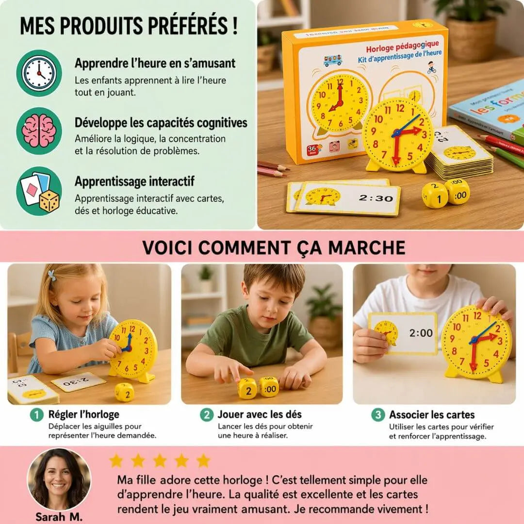 Horloge Éducative Enfant – Kit Montessori – Cartes Puzzle – Dès 3 Ans
