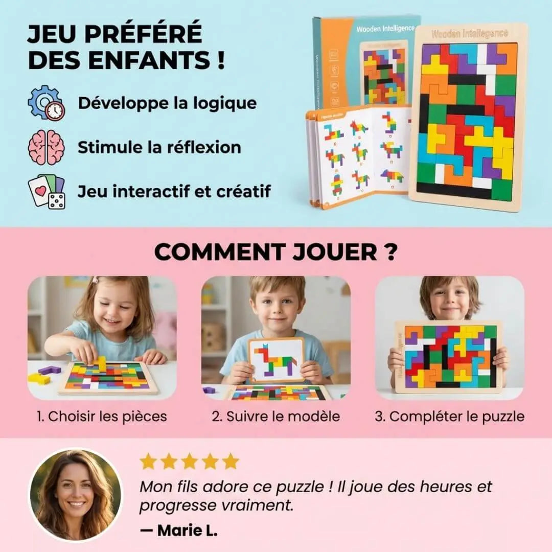 Jeu Bois Tetris Montessori – 40 Pièces Colorées | Dès 3 ans