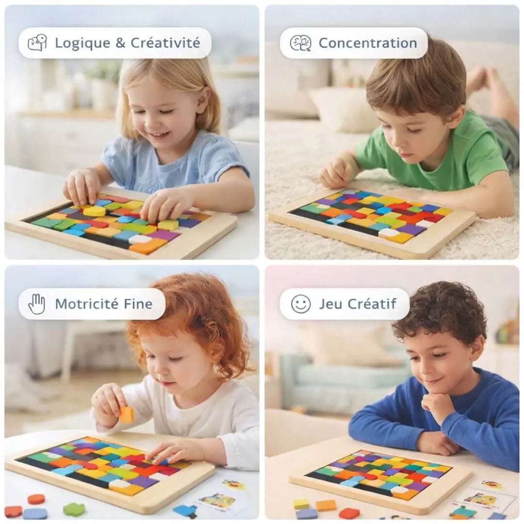 Jeu Bois Tetris Montessori – 40 Pièces Colorées | Dès 3 ans