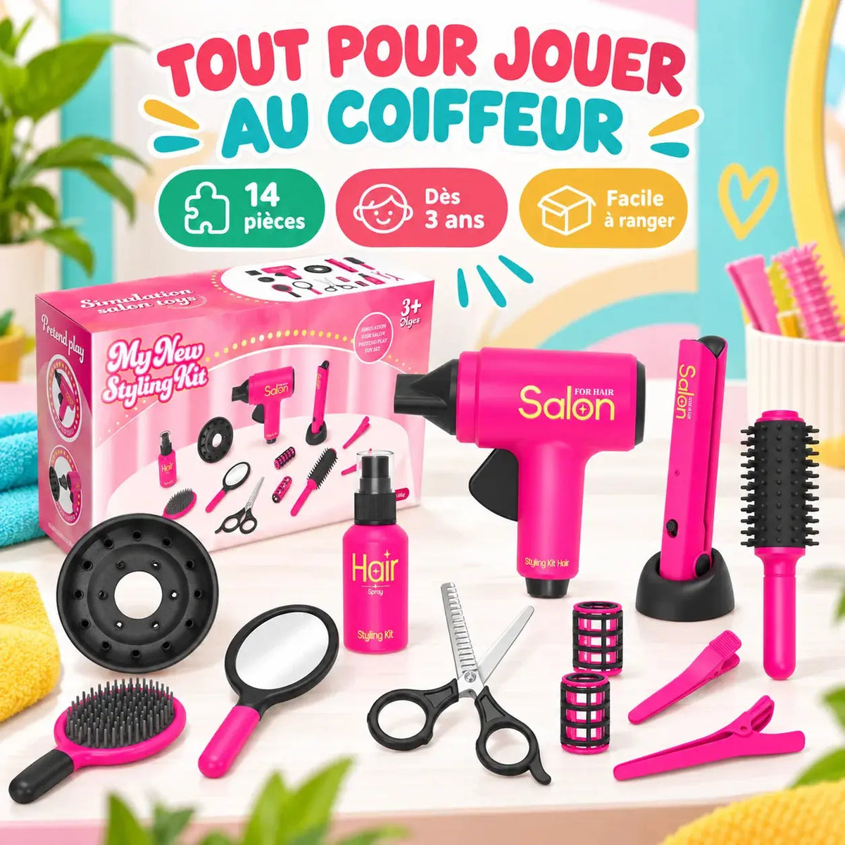 Jeu Coiffeur Enfant – Kit Salon de Beauté 14 Pièces