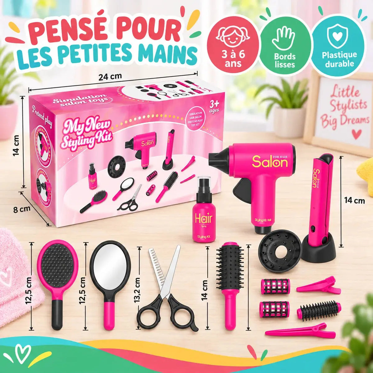 Jeu Coiffeur Enfant – Kit Salon de Beauté 14 Pièces