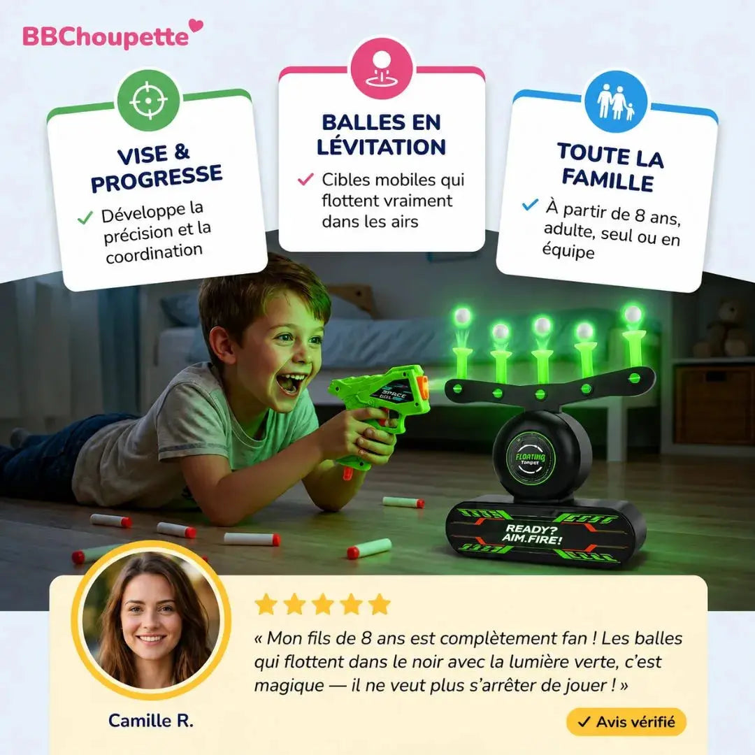 Jeu de Tir Enfant Cible Flottante – Balles en Lévitation Néon