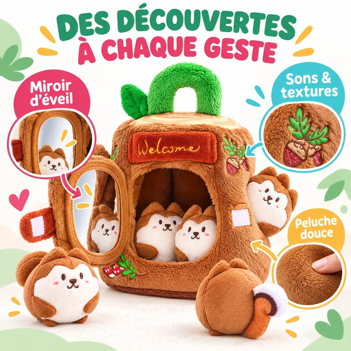Jouet Sensoriel Bébé Montessori - Cabane & Famille d'Écureuils