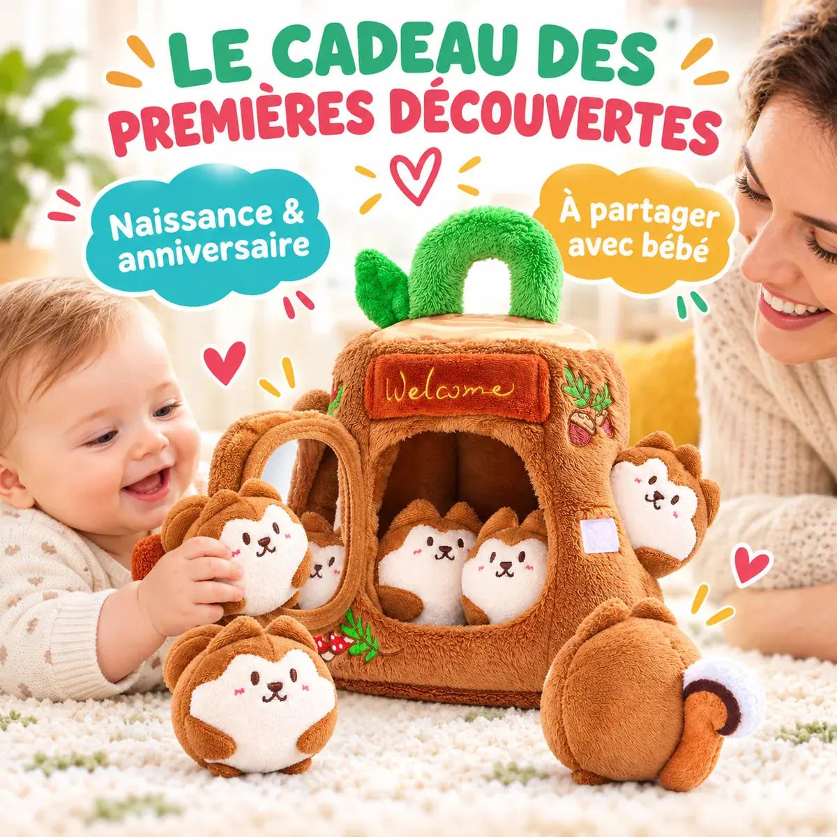 Jouet Sensoriel Bébé Montessori - Cabane & Famille d'Écureuils