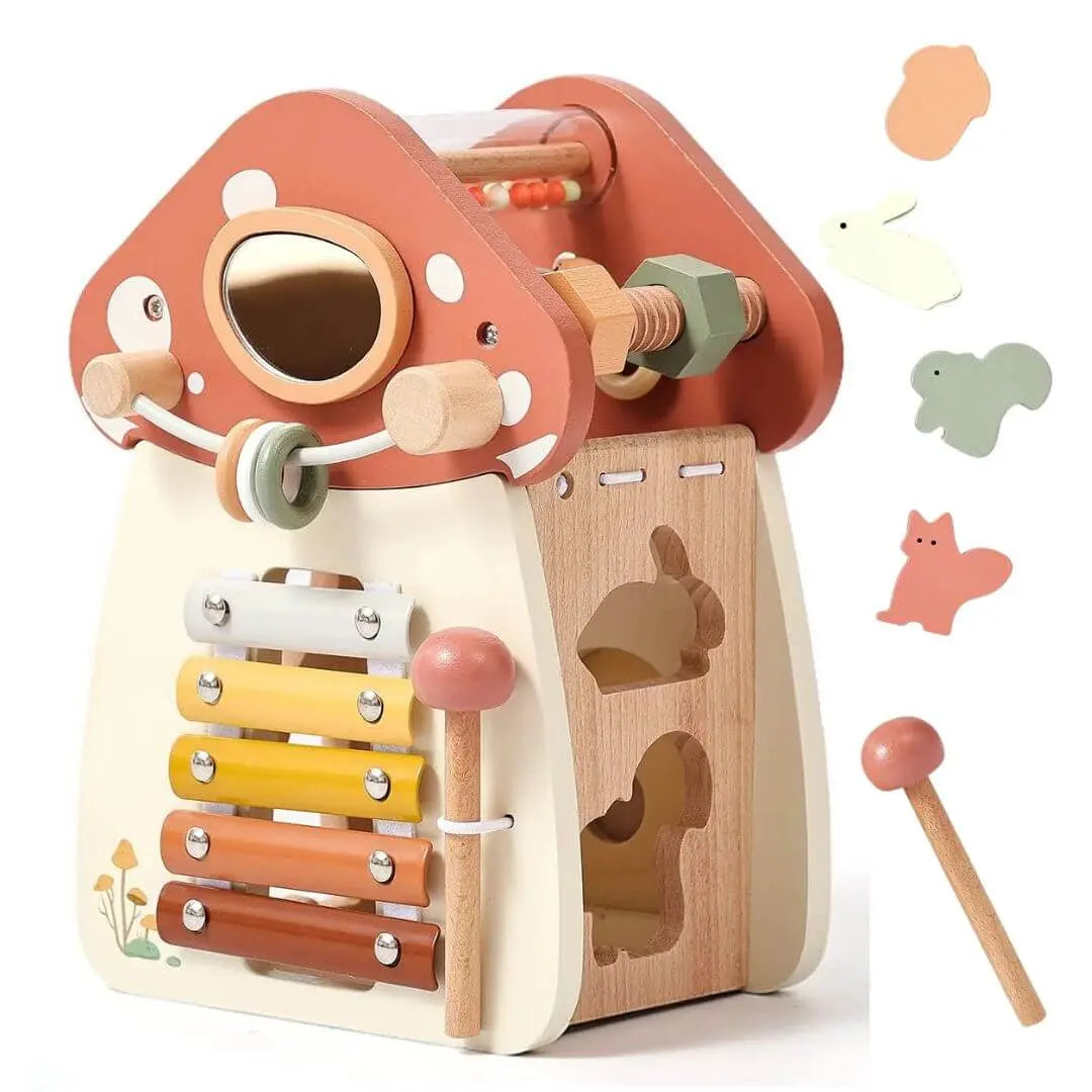 Jouet en bois – Cube d’activité Montessori Maison Champignon