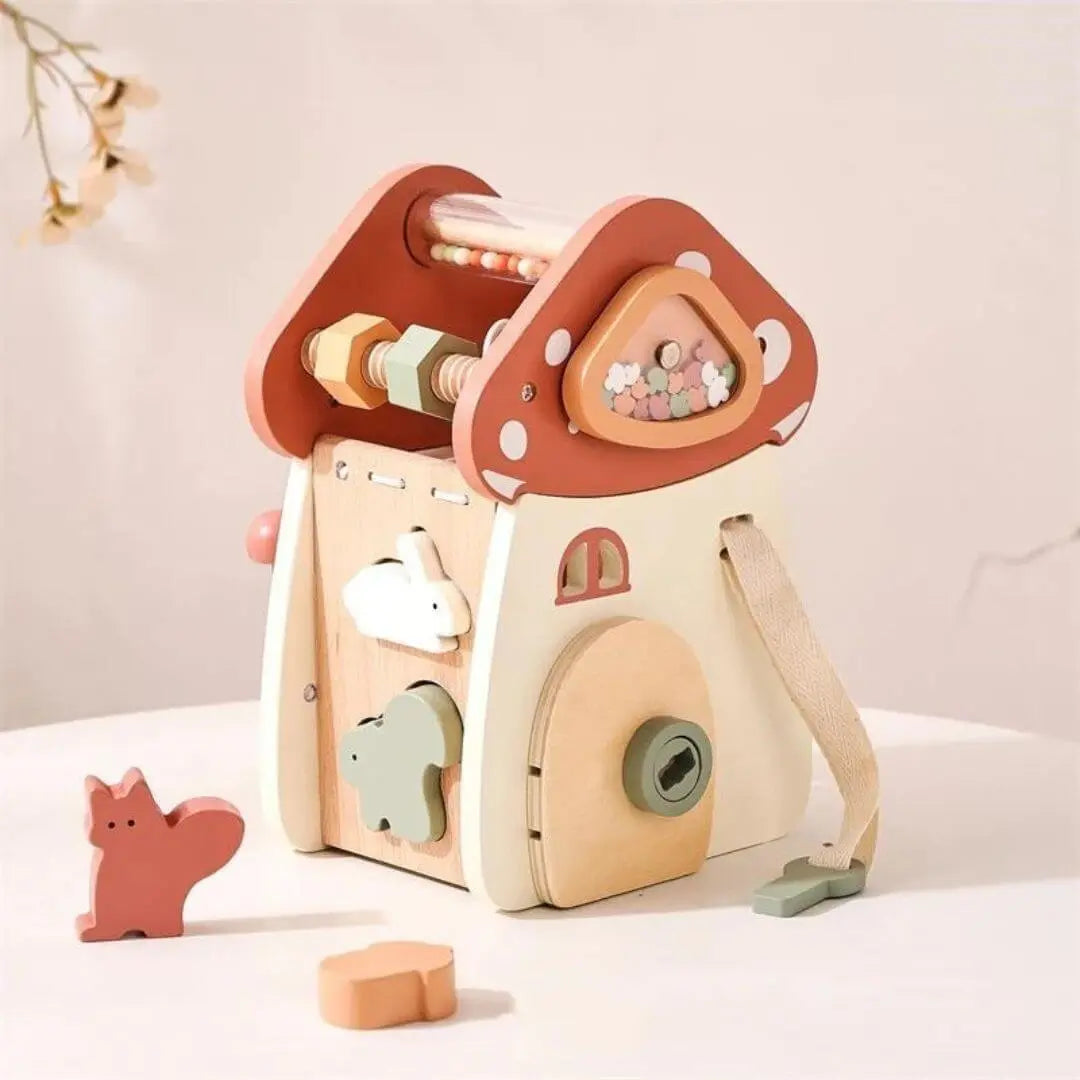 Jouet en bois – Cube d’activité Montessori Maison Champignon