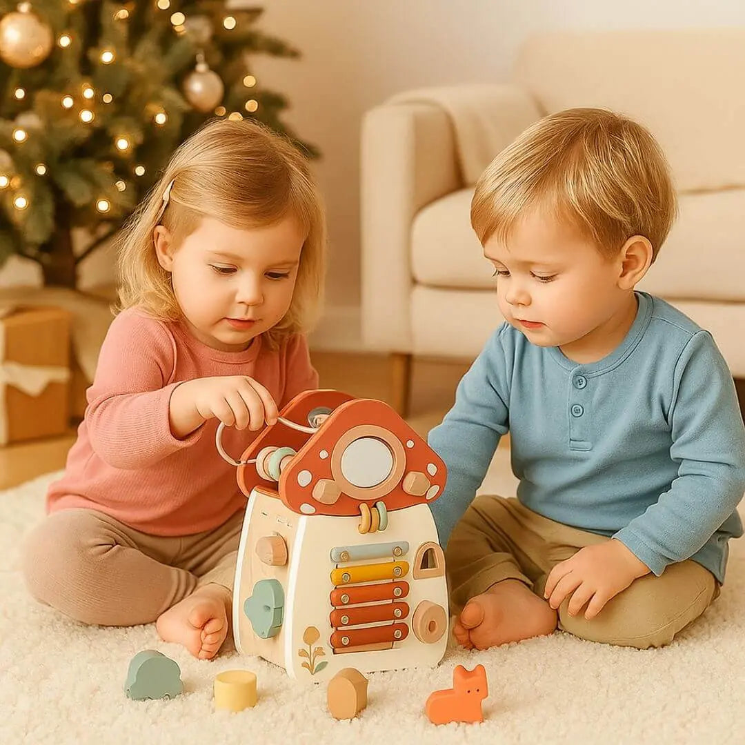 Jouet en bois – Cube d’activité Montessori Maison Champignon