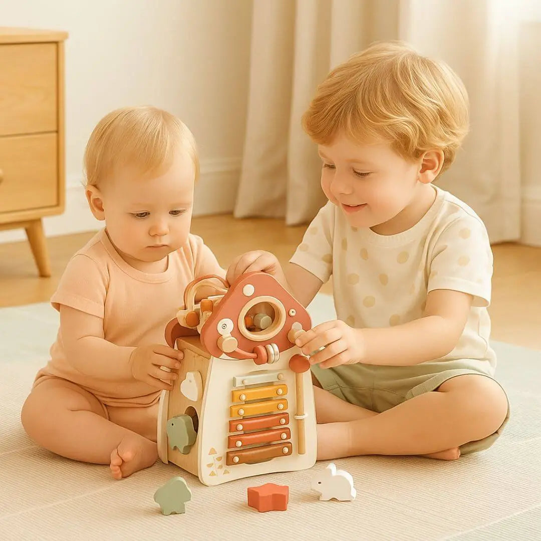 Jouet en bois – Cube d’activité Montessori Maison Champignon