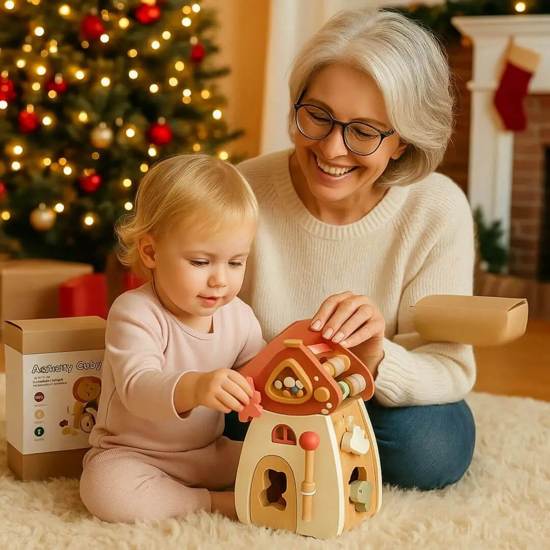 Jouet en bois – Cube d’activité Montessori Maison Champignon