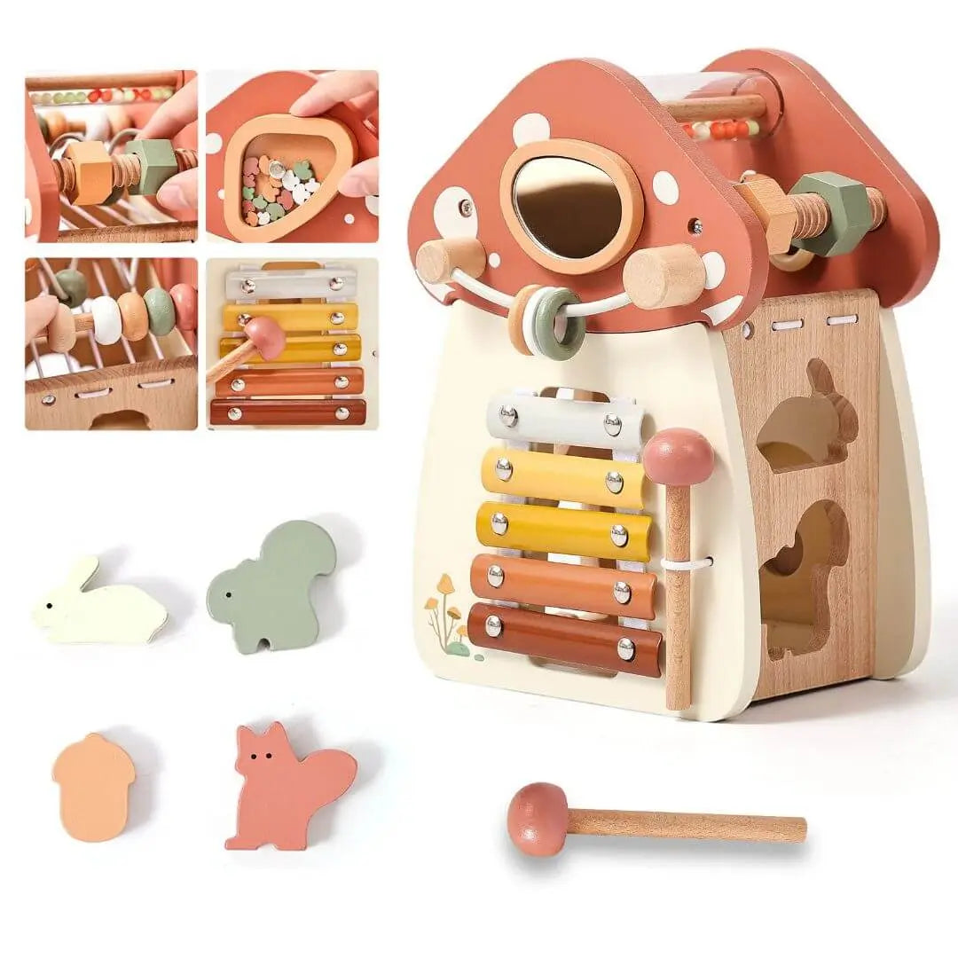 Jouet en bois – Cube d’activité Montessori Maison Champignon
