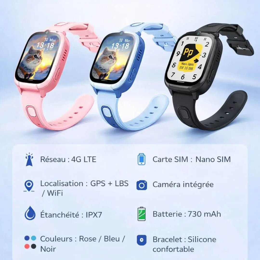 Montre 4G Enfant GPS HD – Appels Vidéo, SOS & Étanche IPX7