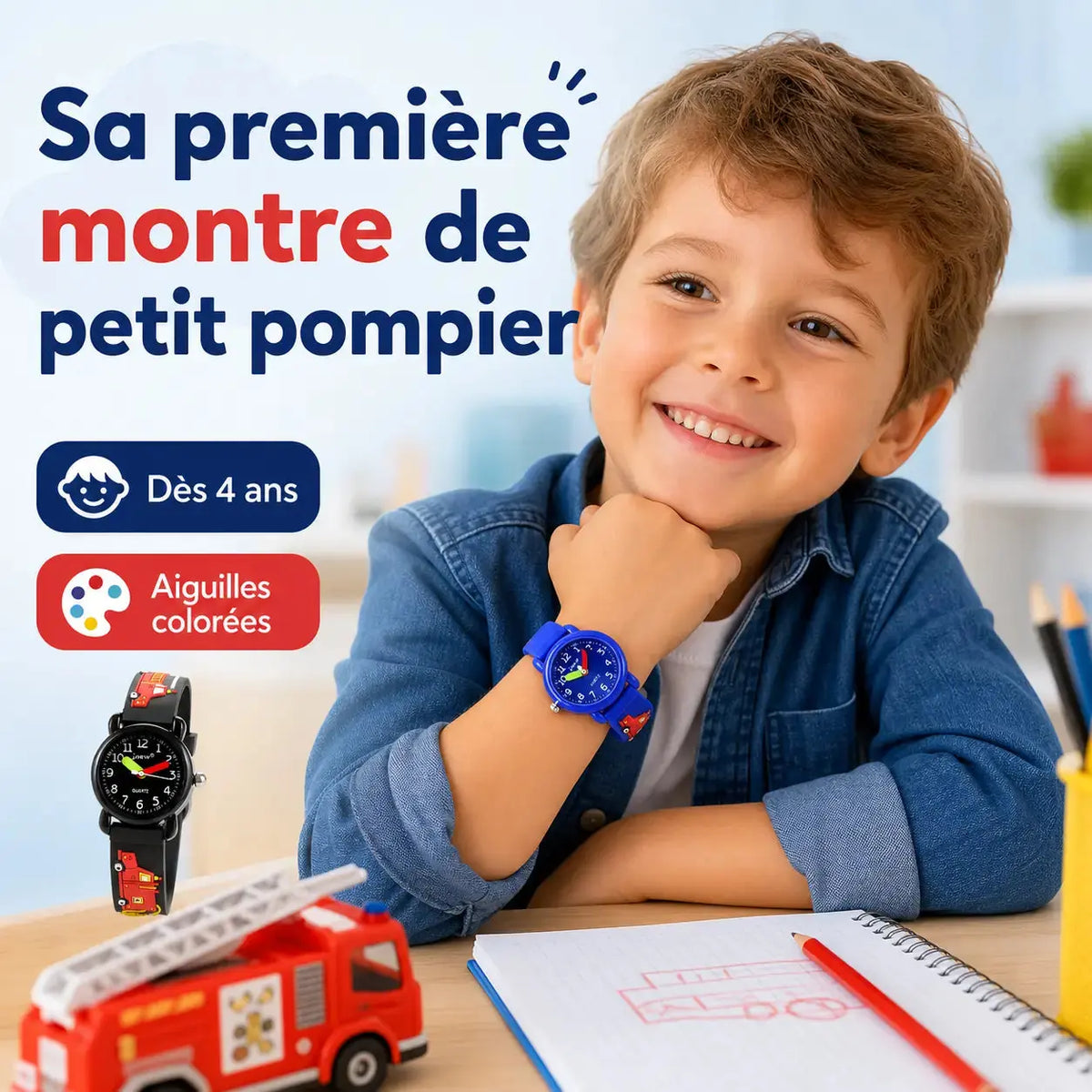 Montre Pompier Enfant - Bracelet 3D & Apprendre l'Heure