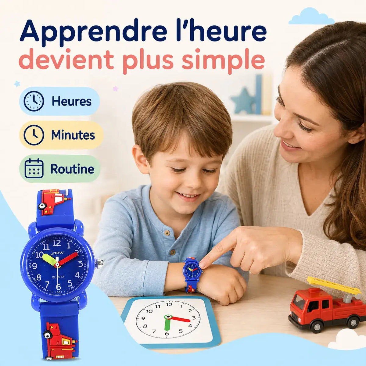 Montre Pompier Enfant - Bracelet 3D & Apprendre l'Heure