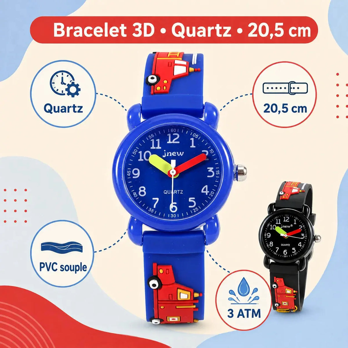 Montre Pompier Enfant - Bracelet 3D & Apprendre l'Heure