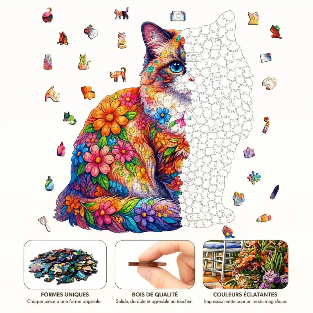 Puzzle Bois Chat Floral – Puzzle Coloré en Bois