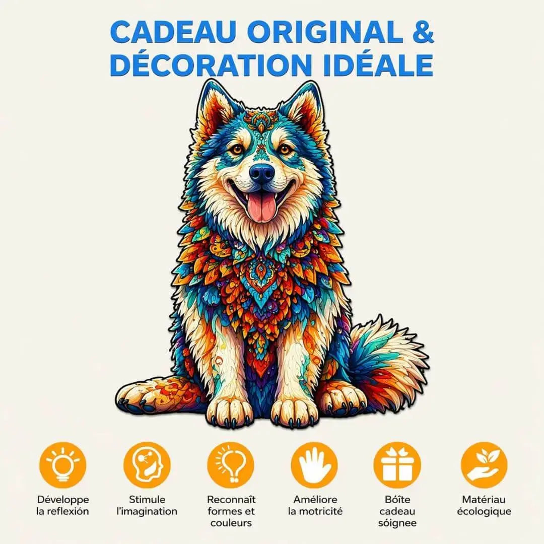 Puzzle Bois Chien Husky Coloré