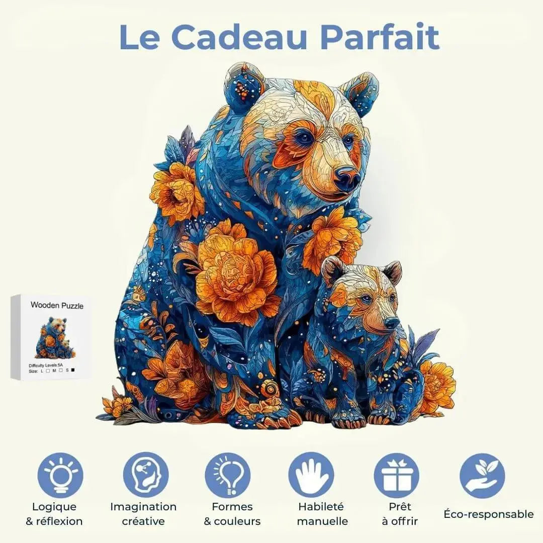 Puzzle Bois Ours Floral – Activité Sans Écran Enfant & Famille