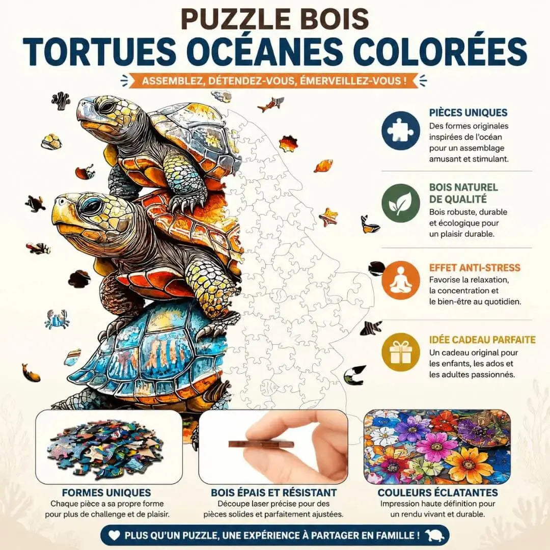 Puzzle Bois Tortues Océanes Colorées