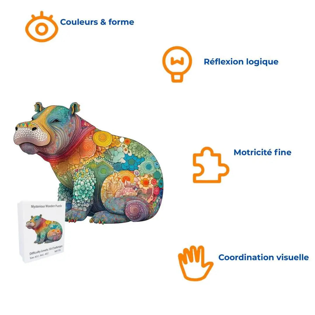 Puzzle en Bois Hippopotame Coloré – HippoPuzzle