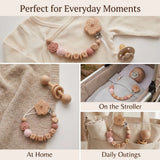 Attache-tétine personnalisée prénom en bois et perles, fleur rose – Cadeau de naissance