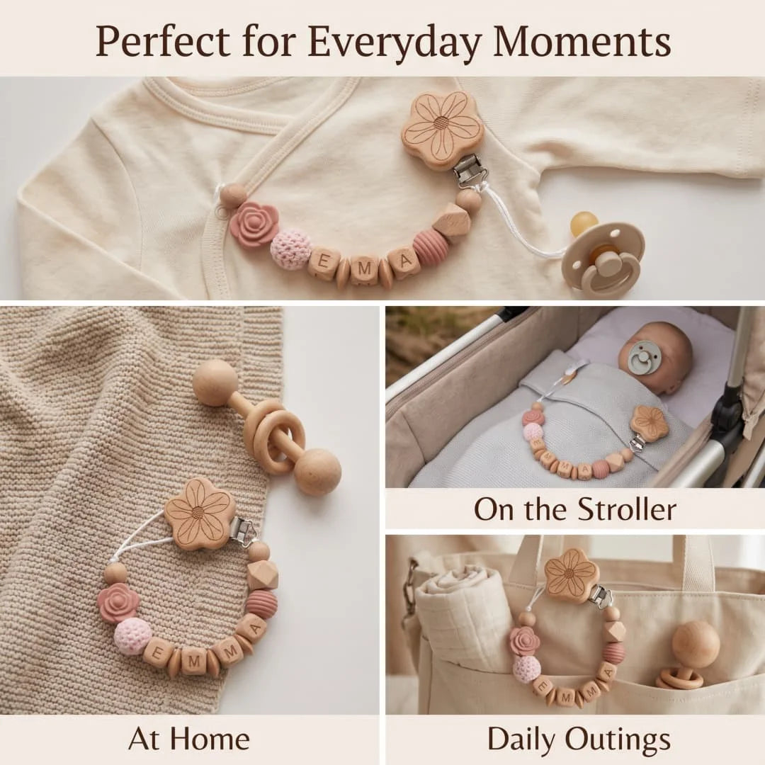 Attache-tétine personnalisée prénom en bois et perles, fleur rose – Cadeau de naissance