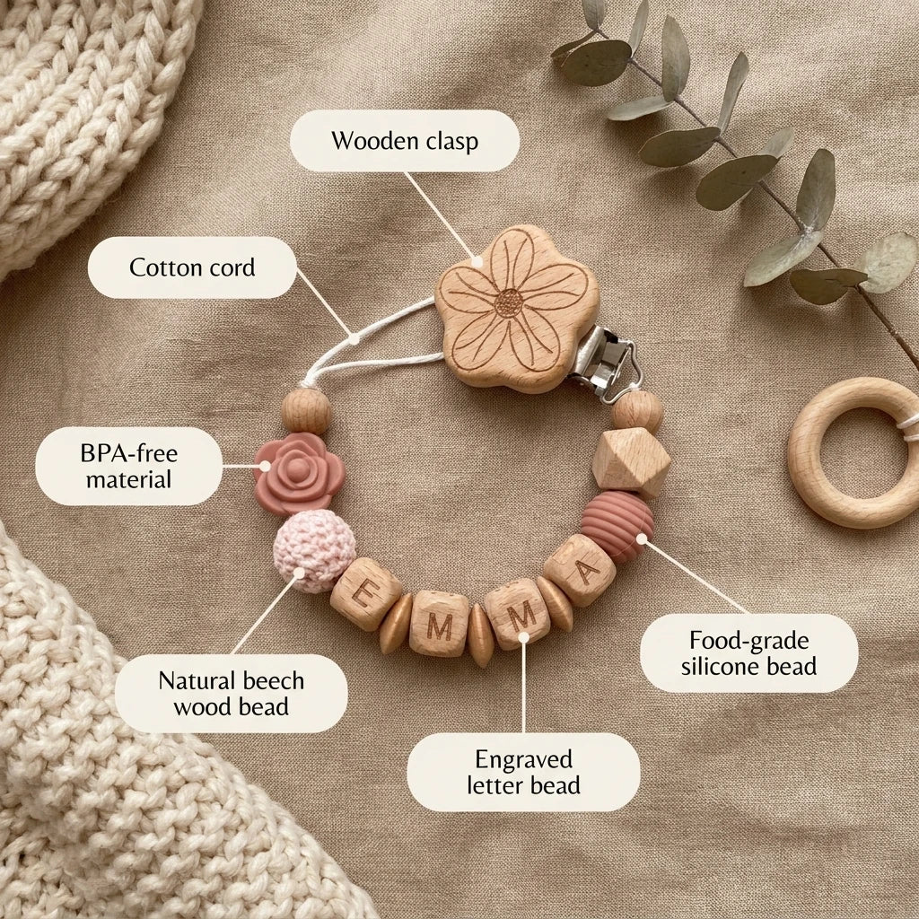 Attache-tétine personnalisée prénom en bois et perles, fleur rose – Cadeau de naissance
