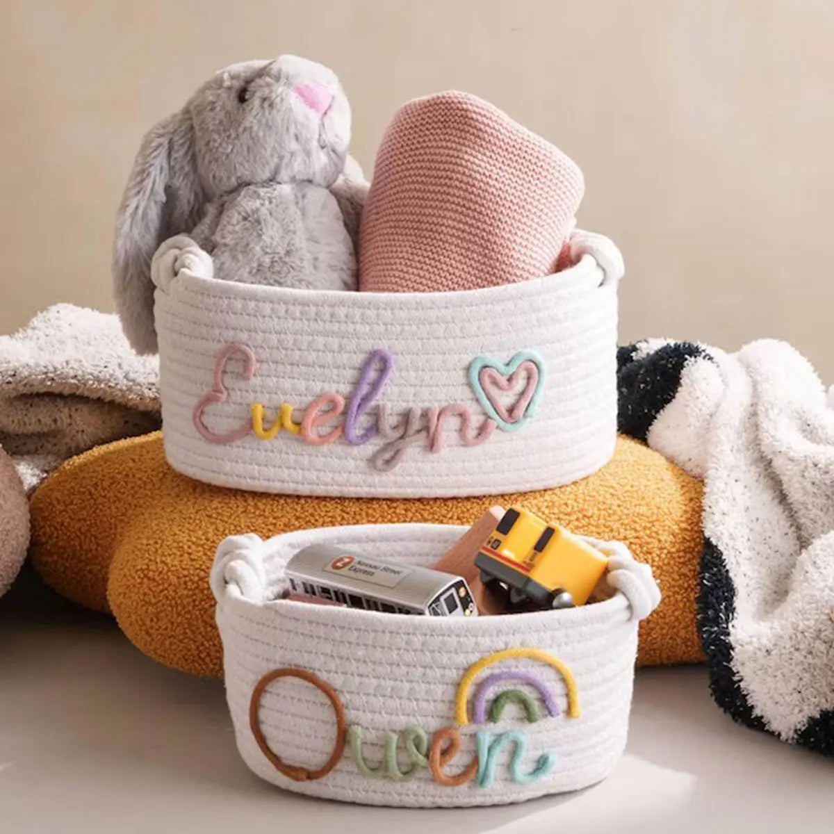 Personalized cotton rope storage basket with name – Handmade, 3 sizes