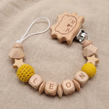 Attache-tétine personnalisée prénom, perles en bois et lion au crochet – Cadeau de naissance