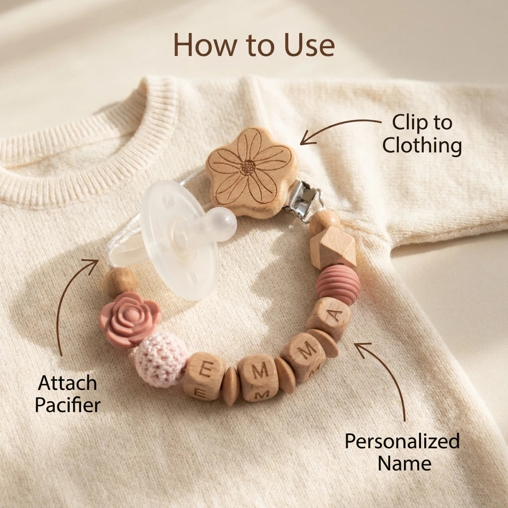 Attache-tétine personnalisée prénom en bois et perles, fleur rose – Cadeau de naissance