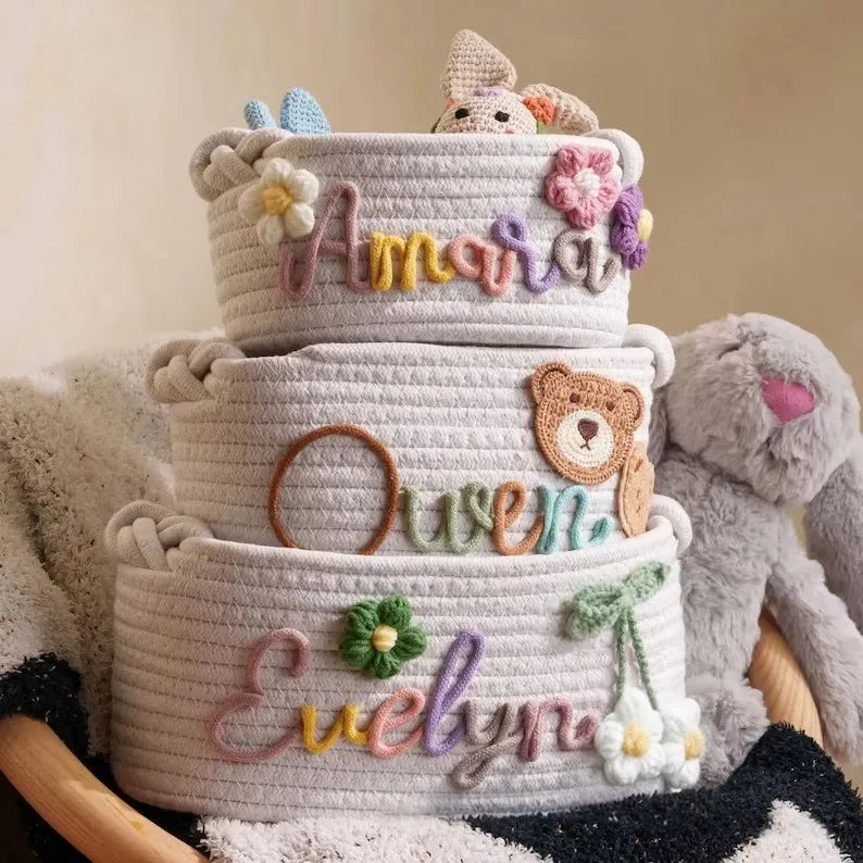 Personalized cotton rope storage basket with name – Handmade, 3 sizes