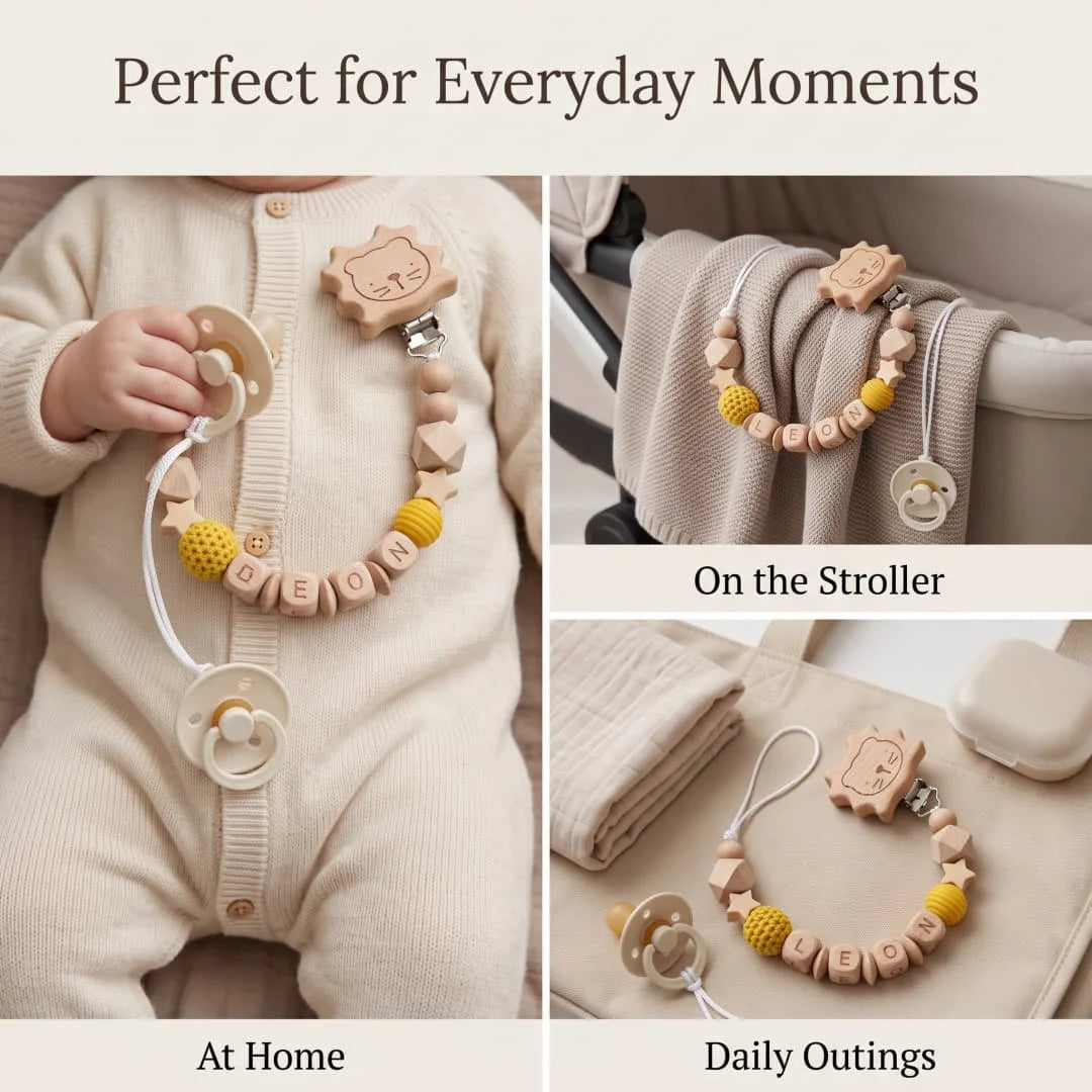 Attache-tétine personnalisée prénom, perles en bois et lion au crochet – Cadeau de naissance