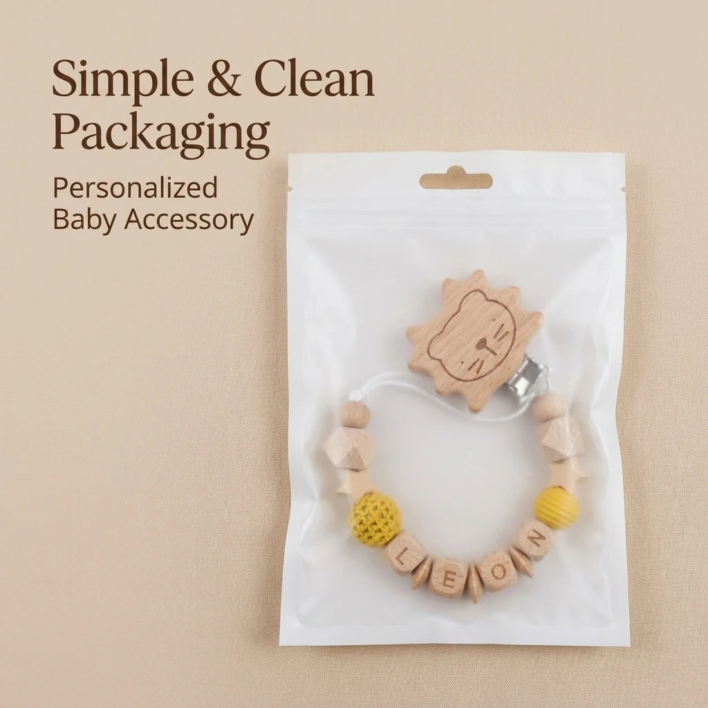 Attache-tétine personnalisée prénom, perles en bois et lion au crochet – Cadeau de naissance