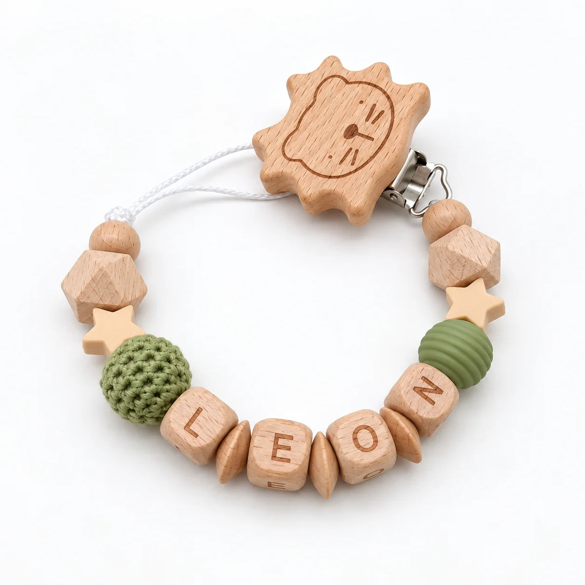 Attache-tétine personnalisée prénom, perles en bois et lion au crochet – Cadeau de naissance