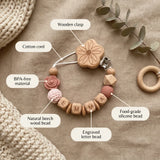 Attache-tétine personnalisée prénom en bois et perles, fleur rose – Cadeau de naissance