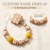Attache-tétine personnalisée prénom, perles en bois et lion au crochet – Cadeau de naissance