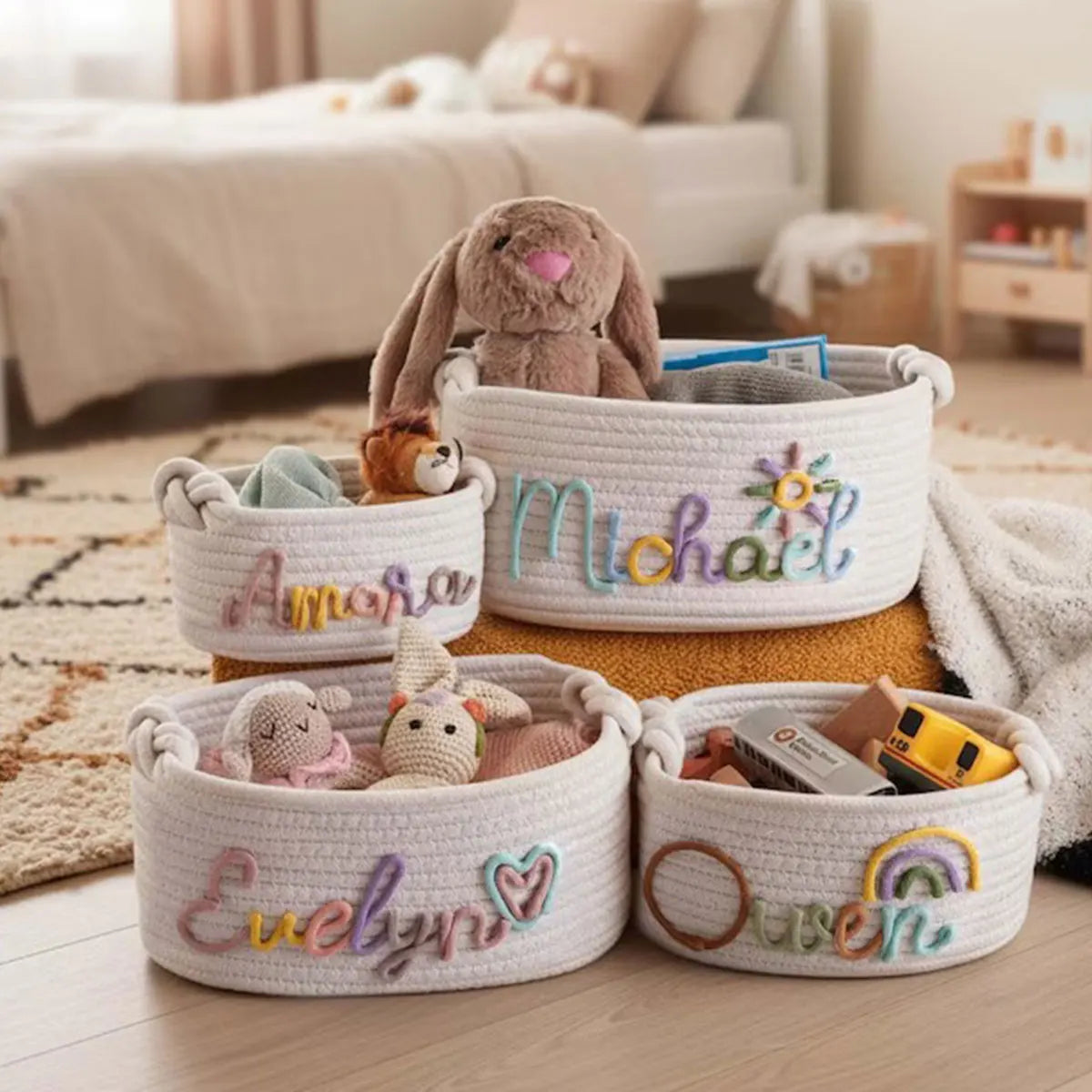 Personalized cotton rope storage basket with name – Handmade, 3 sizes