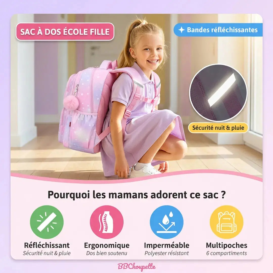 Sac à Dos École Fille Ergonomique – Bandes Réfléchissantes