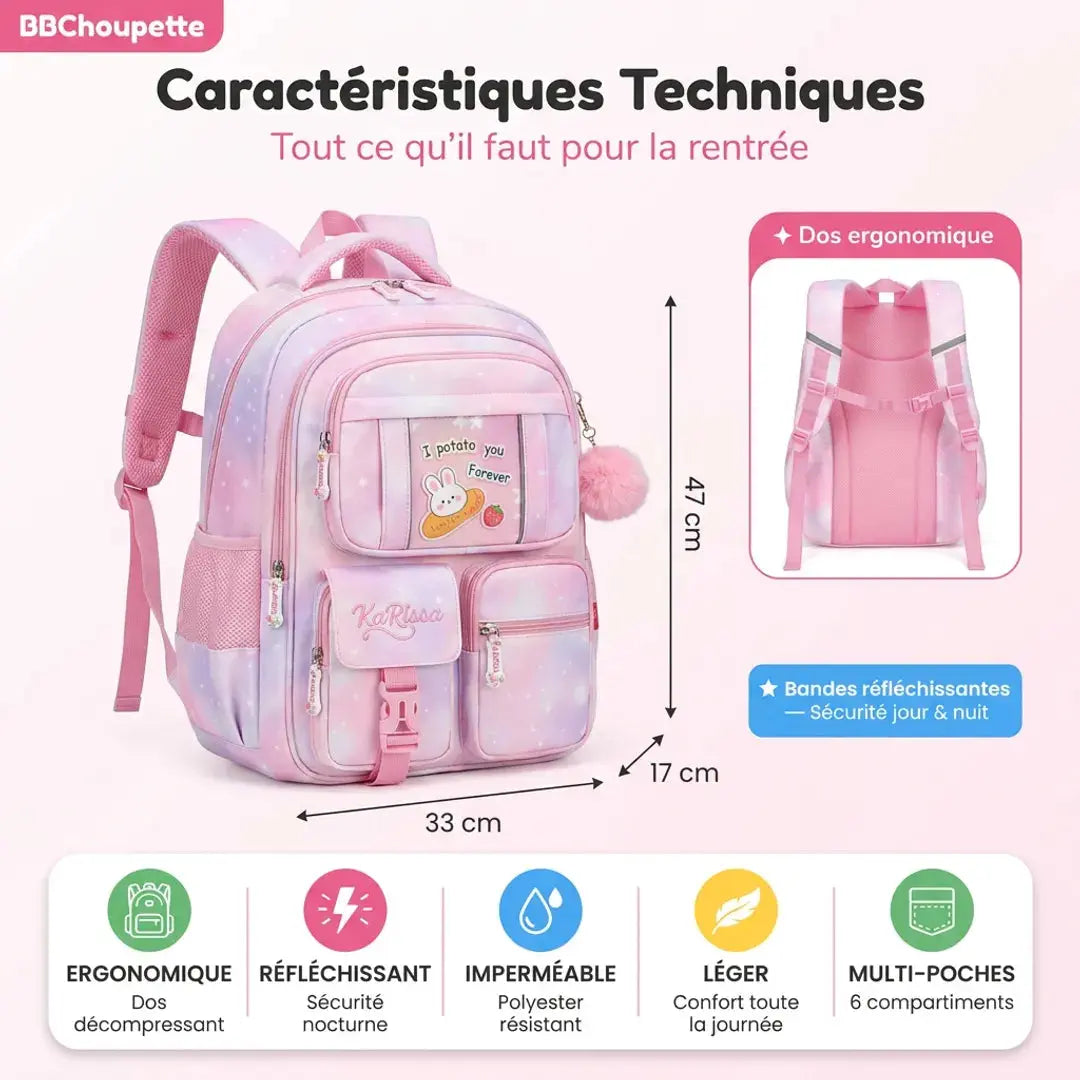 Sac à Dos École Fille Ergonomique – Bandes Réfléchissantes